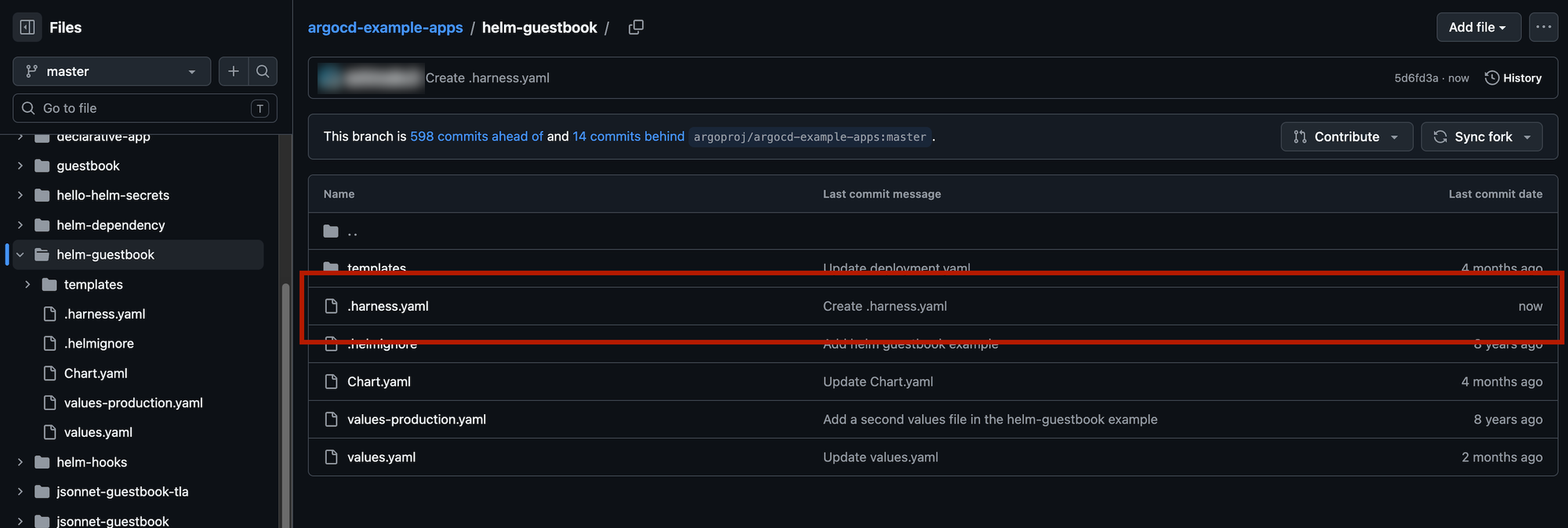 .harness.yaml committed inside the helm-guestbook source directory on GitHub