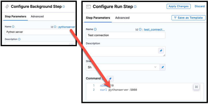 The Background step Id, pythonscript, used in a cURL command in a Run step