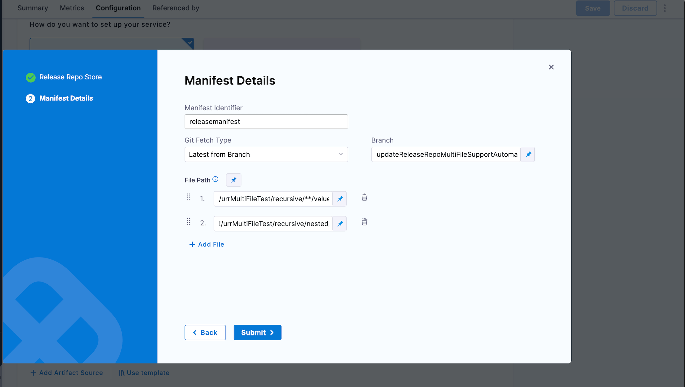 Manifest Details dialog showing File Path as a list with an include entry and an exclude entry prefixed with !