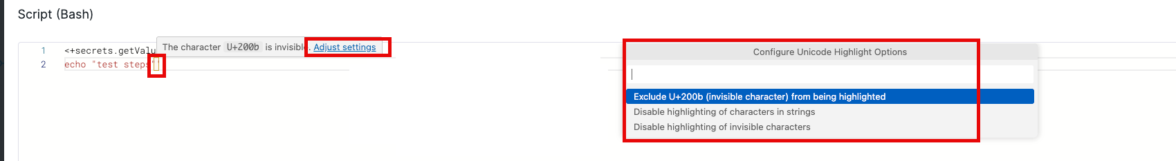 Hover over the highlight to view the invisible character