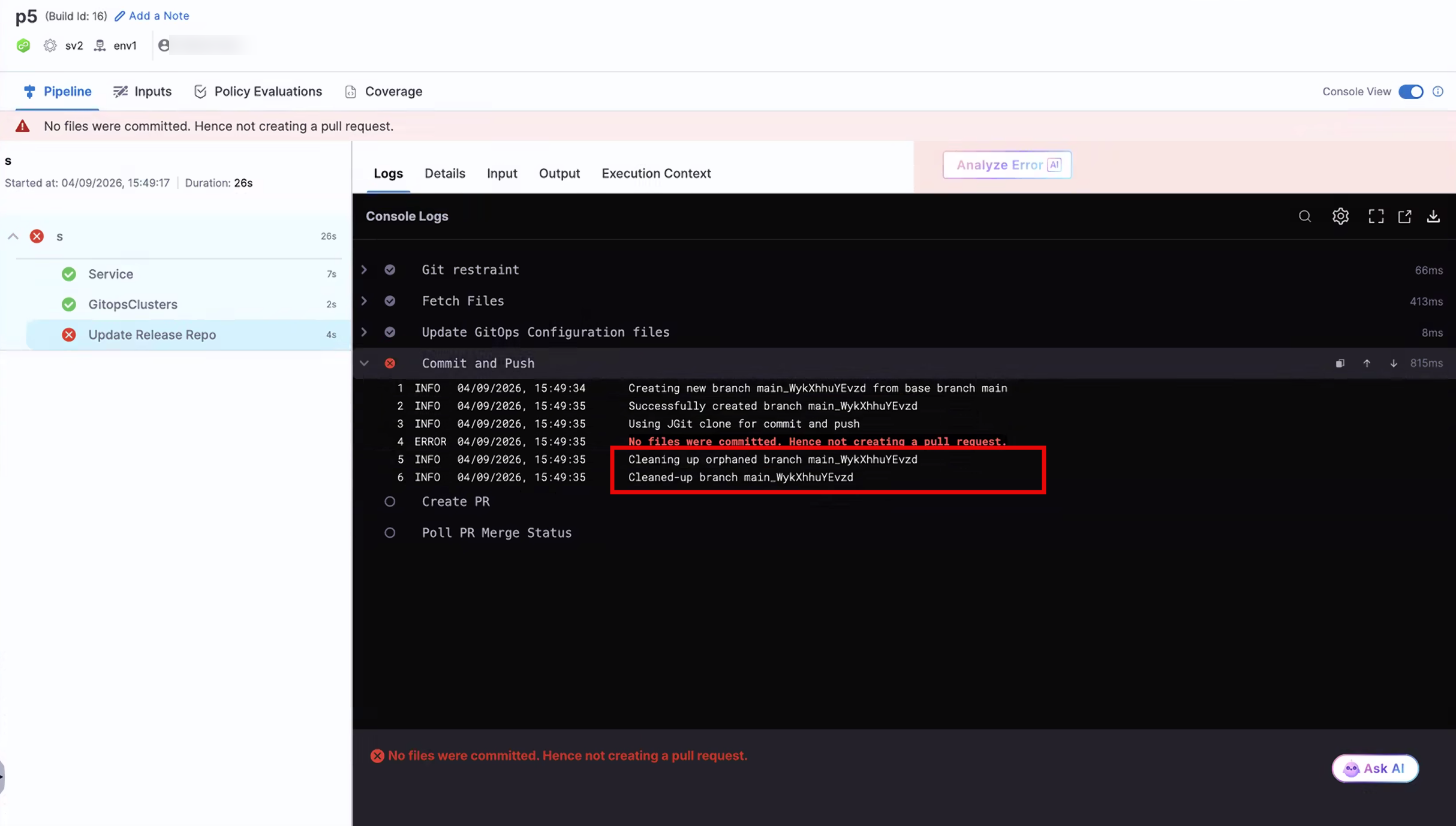 Update Release Repo step logs showing orphaned branch cleanup